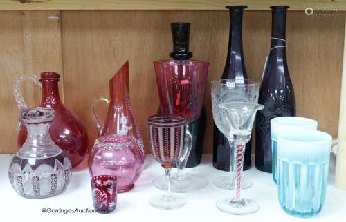 A pair of amethyst glass decanters, cranberry glass and mixe...