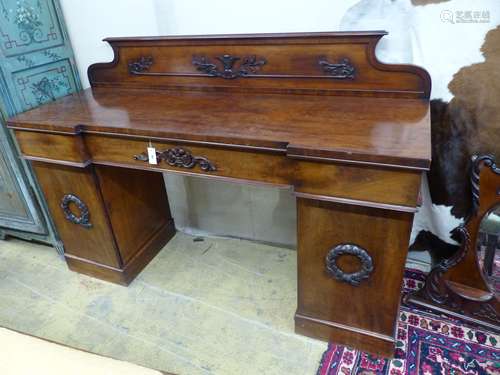 A Victorian mahogany break front pedestal sideboard, length ...