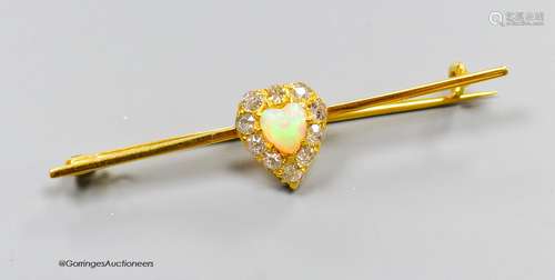 A yellow metal diamond and opal heart shaped bar brooch, 51m...