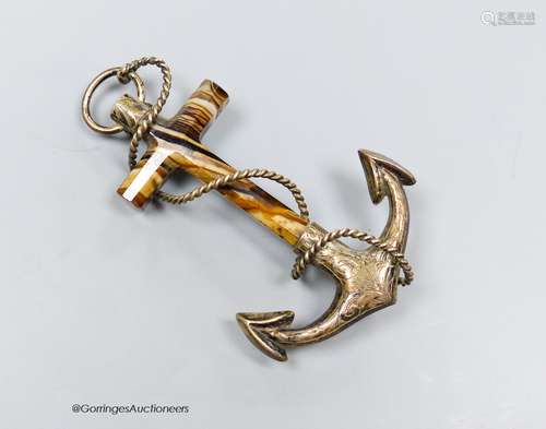 A white metal mounted agate anchor pendant brooch, 85mm.