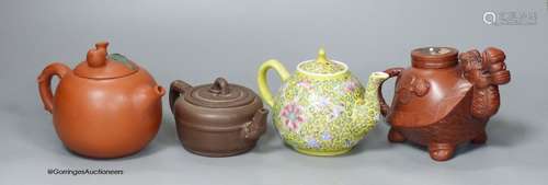 Three Chinese Yixing teapots and a yellow ground teapot, hei...