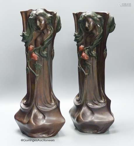 A pair of Art Nouveau style cold painted bronze figural vase...