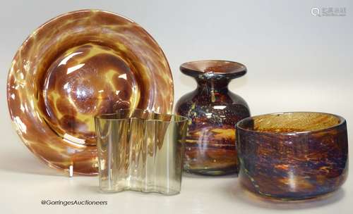 A Mdina glass bowl, together with an Alvar Aalto vase and tw...