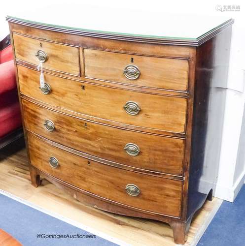 A Regency mahogany bow front chest. W-106, D-54, H-108cm.