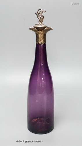 A Victorian silver mounted amethyst glass decanter, height 3...