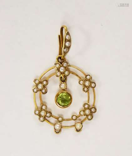 An early 20th century 9ct, peridot and seed pearl set drop p...