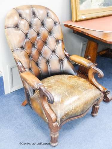 Victorian mahogany spoon back open armchair upholstered in b...