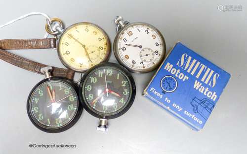 Two Military issue GSTP pocket watches and two Smiths motor ...