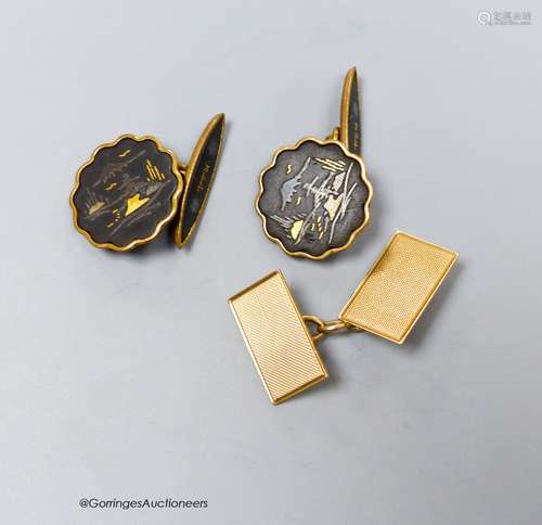 A single 9ct cufflink, 2.2 grams and a pair of Japanese Shak...