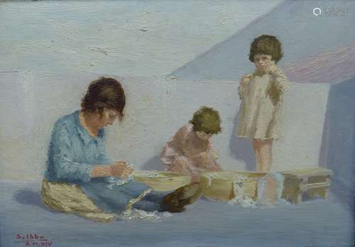 S. Ibba, oil on board, Street children washing clothes, 34 x...