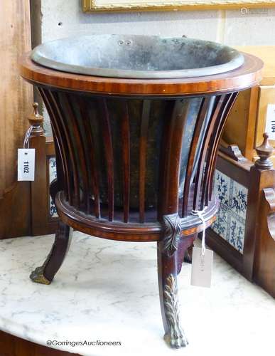 An Edwardian satinwood banded mahogany jardiniere. D-40, H-4...