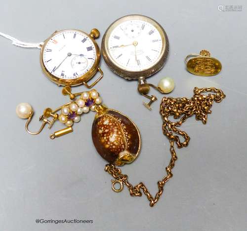 Two pairs of cultured pearl earrings, two fob watches etc.