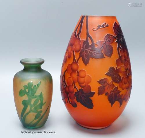 A Galle style glass vase and another similar vase, unsigned,...