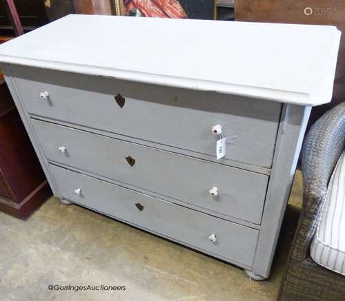 A 19th century, Hungarian painted pine three draw chest. W-1...