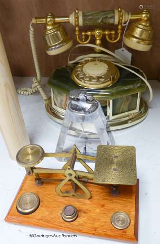 A pair of brass letter scales, a 1960's plastic table top li...