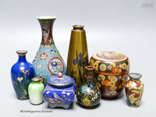 A collection of Japanese cloisonne enamel and bronze vases, ...