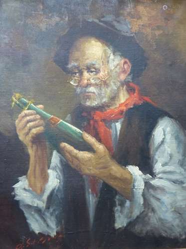 Oil on canvas, Portrait of a gent holding a wine bottle, 56 ...