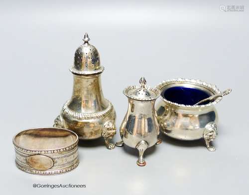 Two silver condiments by Harrods, one similar silver condime...