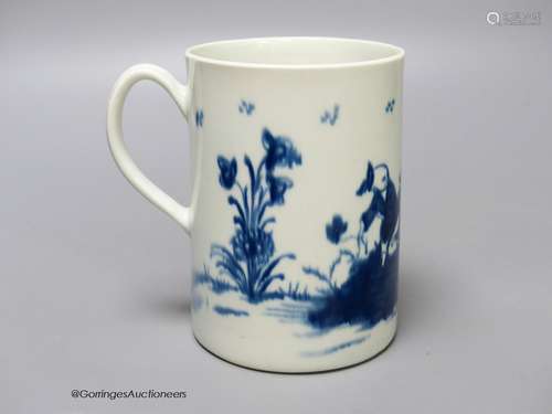 A Worcester 'Gardener' pattern cylinder mug, painted in blue...