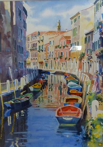 Hazel Soan (Modern British), watercolour, Venetian canal sce...