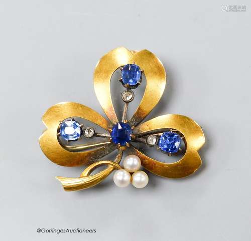 A sapphire, diamond and seed pearl cloverleaf pendant brooch...