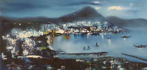 Chinese School, acrylic on canvas, Hong Kong Harbour, 100 x ...