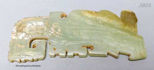 A Chinese archaistic green jade plaque, width 9cm