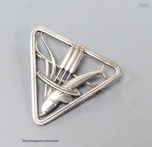 A Georg Jensen sterling dolphin and bulrush triangular brooc...