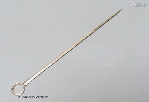 A George III white metal game skewer, unmarked, 22cm.