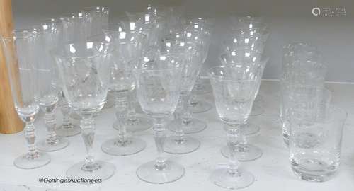 A suite of Edwardian finely etched glassware, 23 pieces