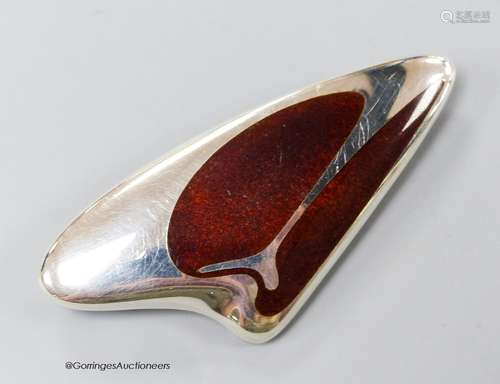 A Georg Jensen sterling and brown enamelled amorphic brooch,...