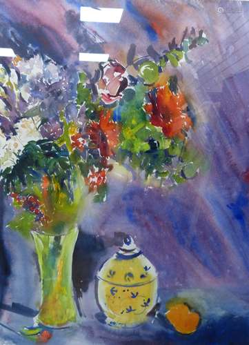 Modern British, watercolour, Still life with flowers in a va...