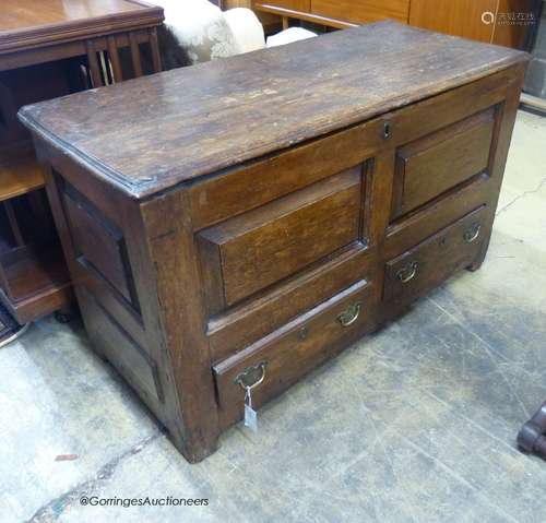 An 18th century pine mule chest, length 117cm, depth 49cm, h...