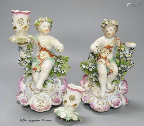 A Derby good pair of candlestick figures of children, 18cm h...