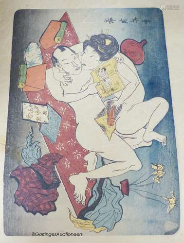 A pair of Japanese woodblock prints - erotic subjects, 25×35...