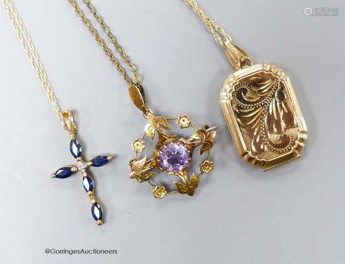 A 9ct gold locket on a 9k chain, a 9k sapphire and diamond s...