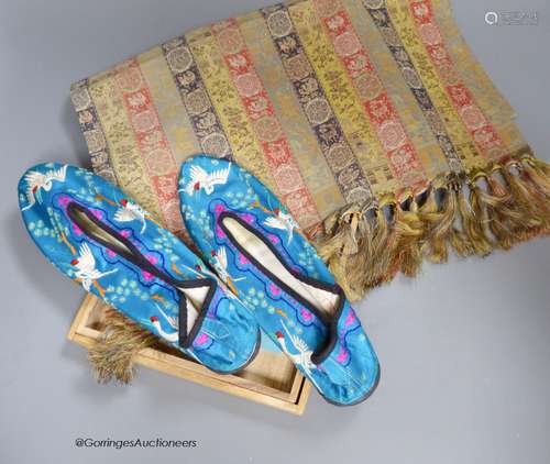 A pair of Chinese silkwork slippers and a Japanese table run...