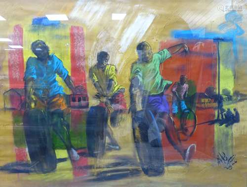 20th century African School, pastel on paper, Street childre...