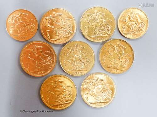 Seven gold sovereigns for the years, 1880, 1884, 1902, 1911,...