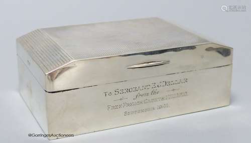 A George VI silver cigarette box, with military related insc...