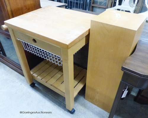 A modern butchers block, H-84cm. Together with a display col...