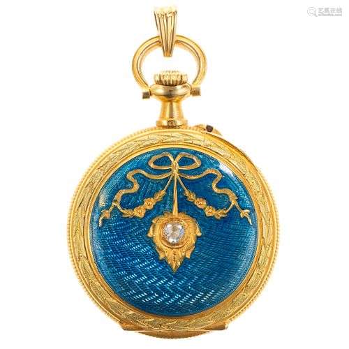 Montre de poche à décor guilloché et émaillé bleu centré d'u...