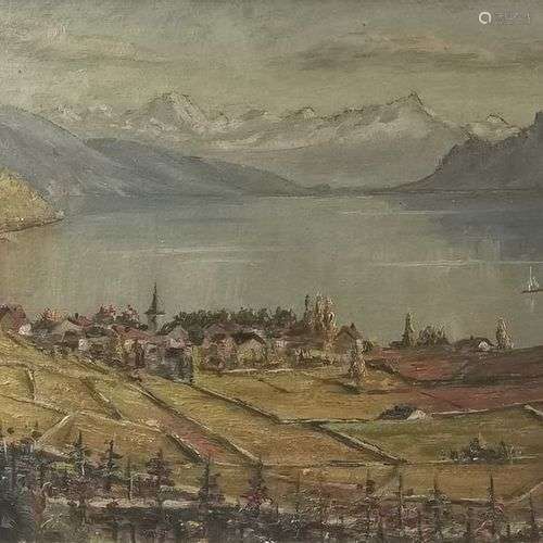 Ecole genevoise, début du XXe s Vue du lac Léman depuis le L...