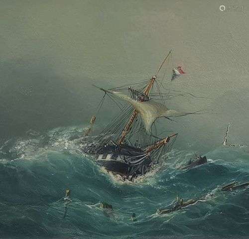 Ecole XIXe s Bateau dans la tempête, huile sur toile, signat...