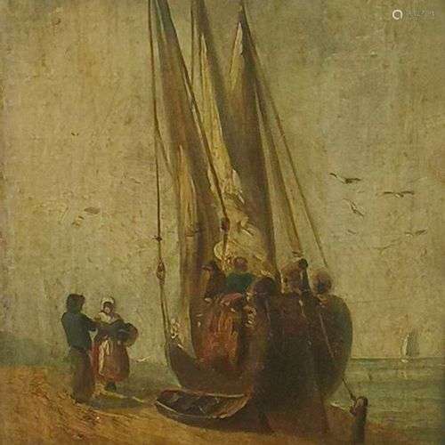 Ecole XIXe s Bateau sur la berge, huile sur panneau, 22x14 c...