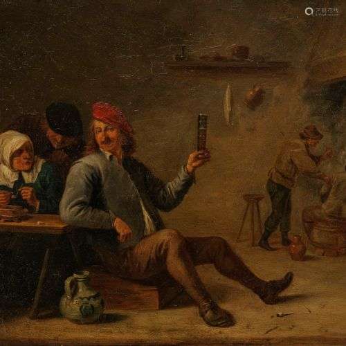 Dans le goût de Teniers Scène de taverne, huile sur panneau,...