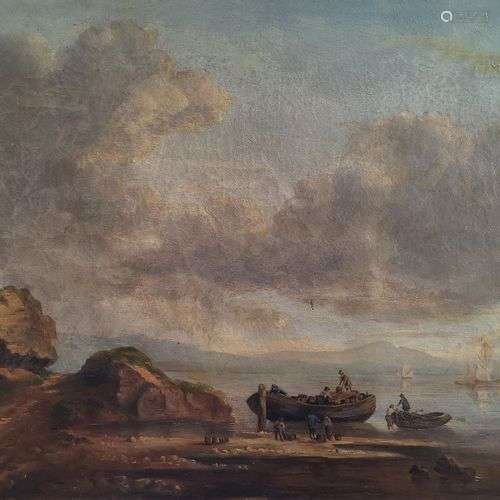 Ecole Suisse XIXe s Vue de lac, huile sur toile, 43x56 cm