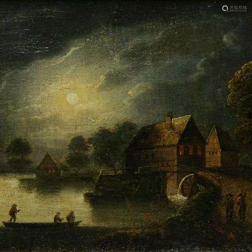 Ecole XIXe s Moulin au clair de lune, huile sur carton, 14x1...