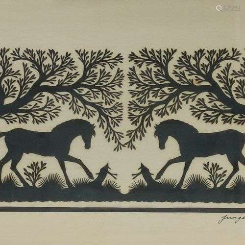 Hans Jungen (1947) Découpage à motif de chevaux, signé et da...