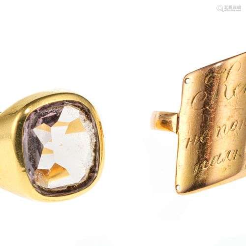 Bague chevalière sertie d'une plaque d'améthyste Or 750, doi...